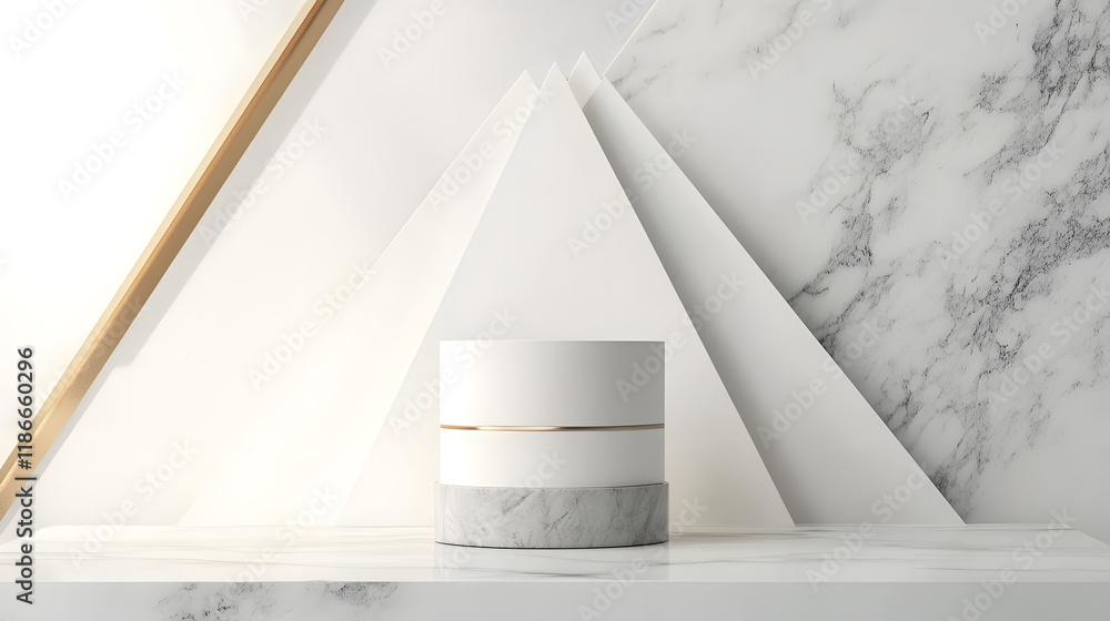 Poster elegant 3d white and gray cylinder stand podium with overlapping triangles perfect for product displ