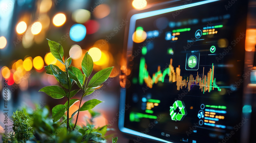 Aufkleber close up of digital screen displaying green energy data with plant in foreground, symbolizing sustai