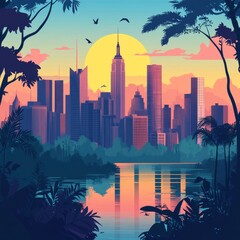 Obraz premium Illustration poster of new york city in a summer day, flat design