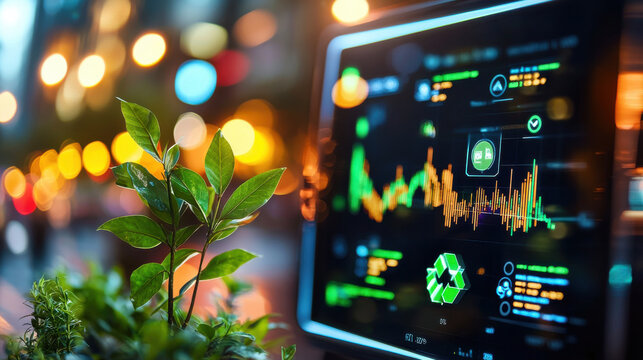 close up of digital screen displaying green energy data with plant in foreground, symbolizing sustainability and technology. vibrant colors create modern atmosphere