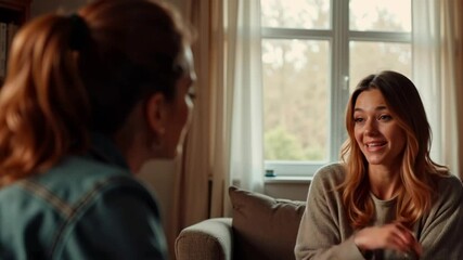 Two women having a supportive conversation in cozy living room
