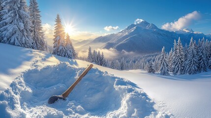 Sunset over snowy mountain range with axe in snowdrift.