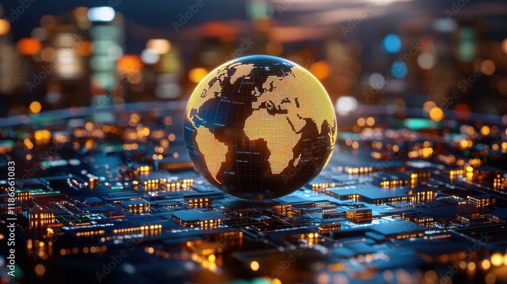 Poster digital globe representing global connectivity and technology, surrounded by circuit board and glowing lights, symbolizes integration of world and technology
