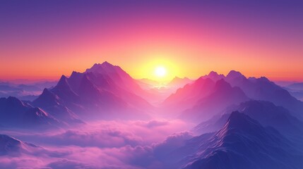 Stunning Sunrise Over Majestic Mountains and Soft Misty Clouds