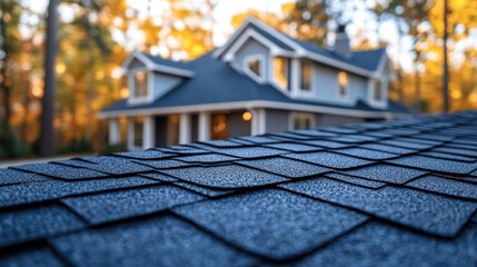 Close-up of asphalt shingles on a roof with a house in the background.