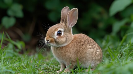 Fototapeta premium A small brown rabbit is sitting in the grass