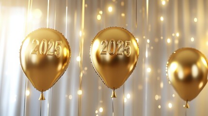 Obraz premium Golden Balloons for 2025: Three elegant gold balloons, each imprinted with 