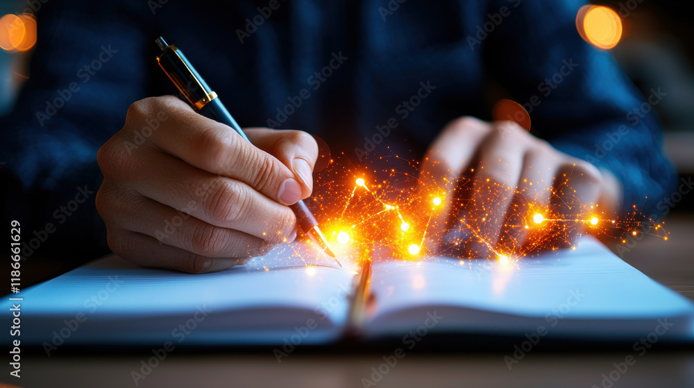 Poster close up of hand writing in journal, with glowing sparks and abstract light effects creating magical