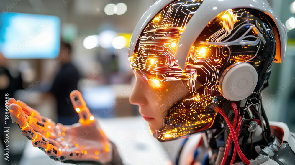Aufkleber close up of humanoid robot with glowing ai chip, showcasing intricate circuitry and futuristic desig