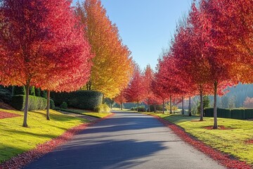 Naklejka premium Autumnal splendor: A picturesque road lined with vibrant red and gold trees, bathed in the warm glow of sunlight.
