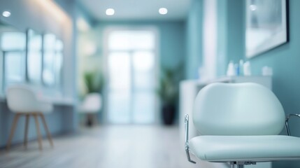 Modern waiting area with a comfortable chair, mirrors, and a calming blue color scheme.