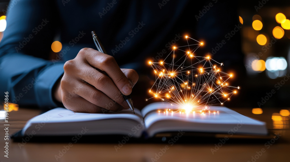 Aufkleber person writing in journal with glowing abstract connections emerging, symbolizing creativity and ideas. warm bokeh background adds cozy atmosphere
