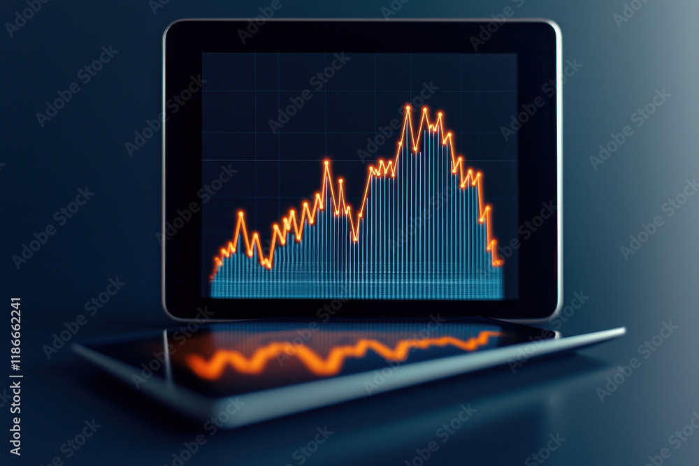 Poster close-up of a tablet displaying a dynamic stock market graph in vibrant colors.