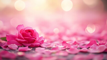 Fototapeta premium A Single Pink Rose on a Bed of Petals: A Romantic and Serene Image