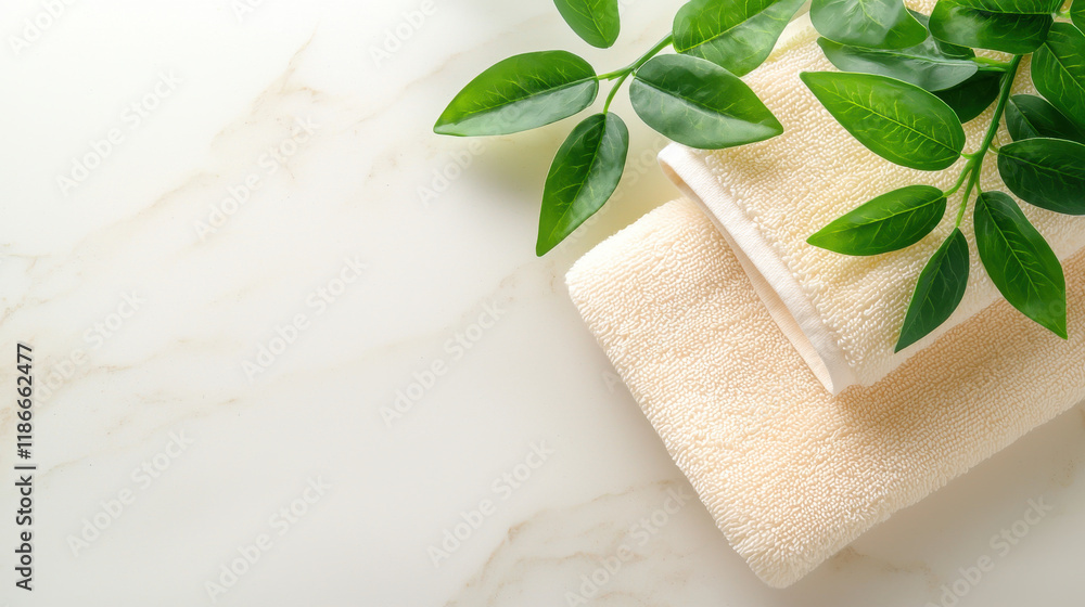 Poster Soft towels stacked with touch of greenery, creating serene and luxurious atmosphere. Perfect for spa or bathroom settings