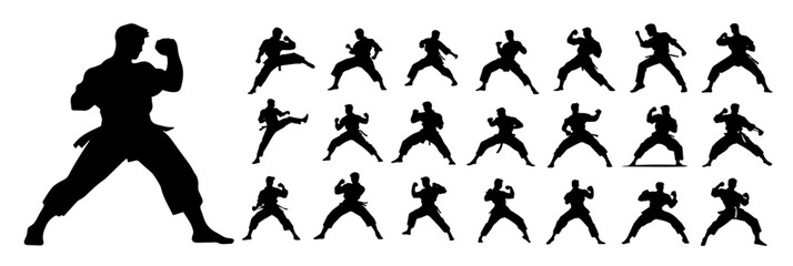 karate martial arts silhouettes in various poses with dynamic black design © Kaz