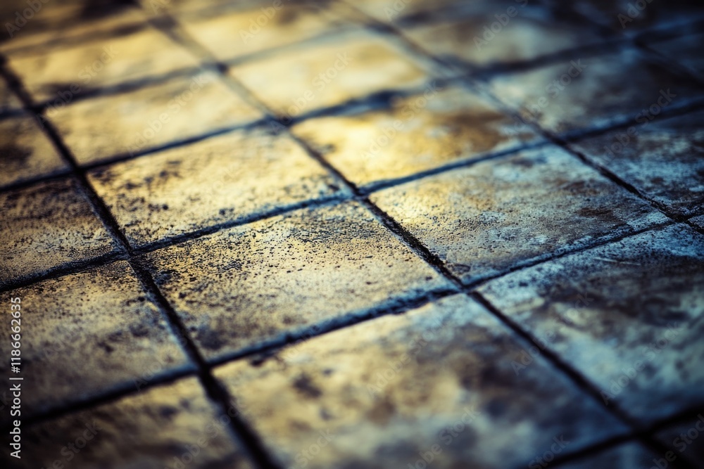 Poster close-up view of a tiled floor with a bright yellow light source, suitable for use in interior desig