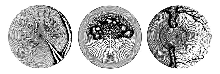 collection of abstract tree ring illustrations in black and white