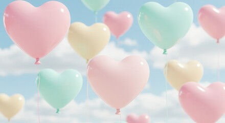 A bunch of heart shaped balloons are floating in the sky.