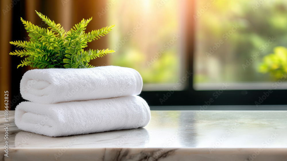Poster Luxurious white towels stacked on marble surface with green plant, creating serene and inviting atmosphere. Perfect for spa or bathroom setting