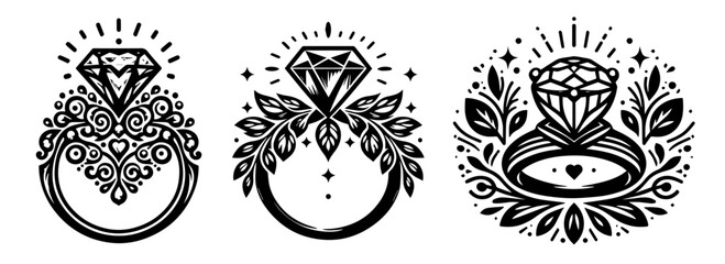 elegant diamond rings with floral decorations in black silhouette