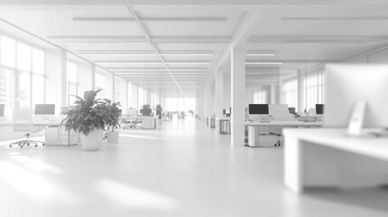 Sunlit minimalist white modern office interior with desks, computers, and plants.