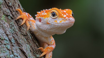 Obraz premium Close-up of an orange and white gecko clinging to a tree trunk.