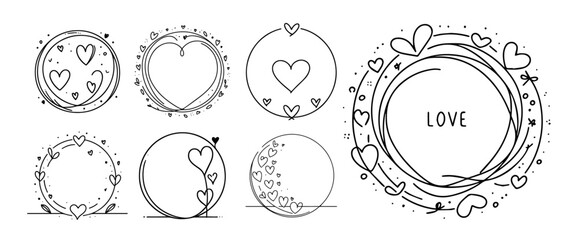 romantic circular frames with hearts in line art style