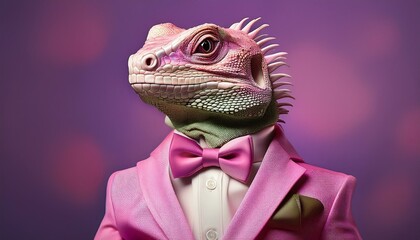 lizard in pink suit and bow tie on purple history