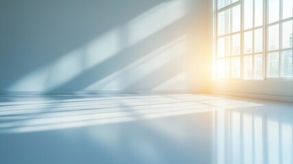 Light streams through a large window, casting soft shadows across a minimalistic, empty space, creating a serene and inviting atmosphere.