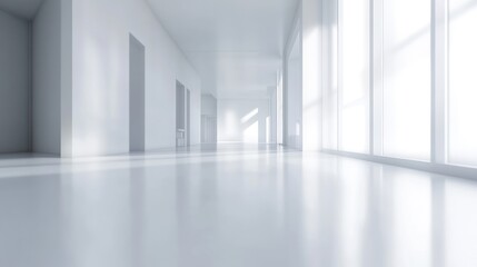 Sunlit minimalist white hallway with large windows and glossy floor.