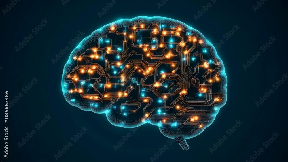 Aufkleber intricate design showcasing a brain composed of glowing circuits, illuminated against a dark backgro