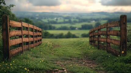 Rustic wooden fence opens to scenic rural landscape, path, green hills, and cloudy sky.