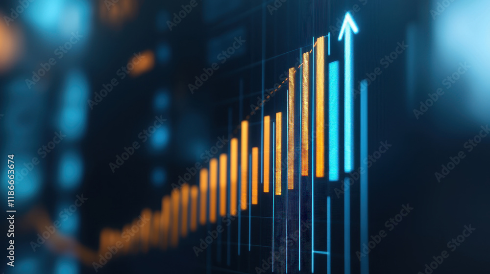 Poster digital financial chart showing upward trend with vibrant data visualization elements.