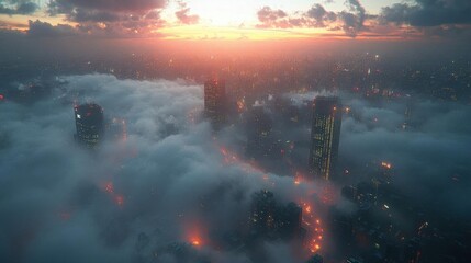 Cityscape at Sunset: Aerial View of Buildings Emerging from Clouds