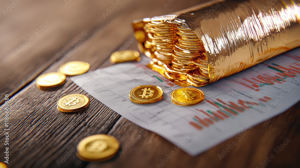 Aufkleber close up of rolled gold foil with shiny coins and economic analysis report featuring visual graphs. image conveys sense of wealth and investment opportunities