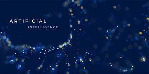 Artificial intelligence blue particle background. Flow wave with dot landscape. Digital data structure. Pattern point visualization. Technology vector illustration.