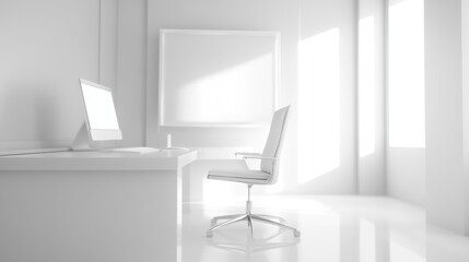 Minimalist white office interior with computer, desk, and chair.