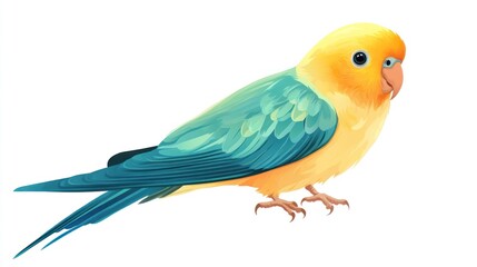 Yellow and teal parrot illustration on white background.