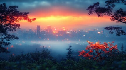 Cityscape at Sunrise with Fog and Trees