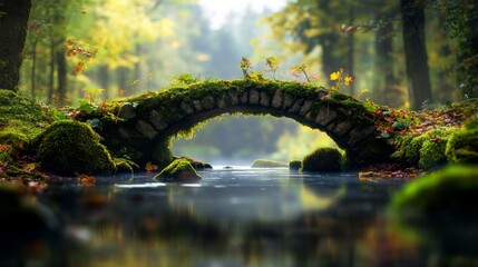 Fototapeta premium A serene forest scene featuring a moss-covered stone bridge over a calm stream, surrounded by vibrant greenery and soft sunlight filtering through the trees.