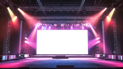 Close up view of modern large concert stage rigging and technology blank white screen, sound system, and lighting, wallpaper background