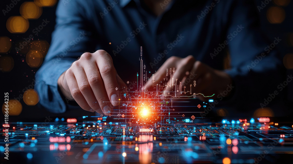 Aufkleber person interacting with digital data and charts, showcasing technology and innovation in modern work