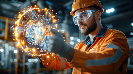 focused engineer in orange safety suit examines holographic interface, showcasing advanced technology and innovation in modern industrial setting