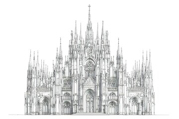 Detailed Line Drawing of a Gothic Cathedral Facade