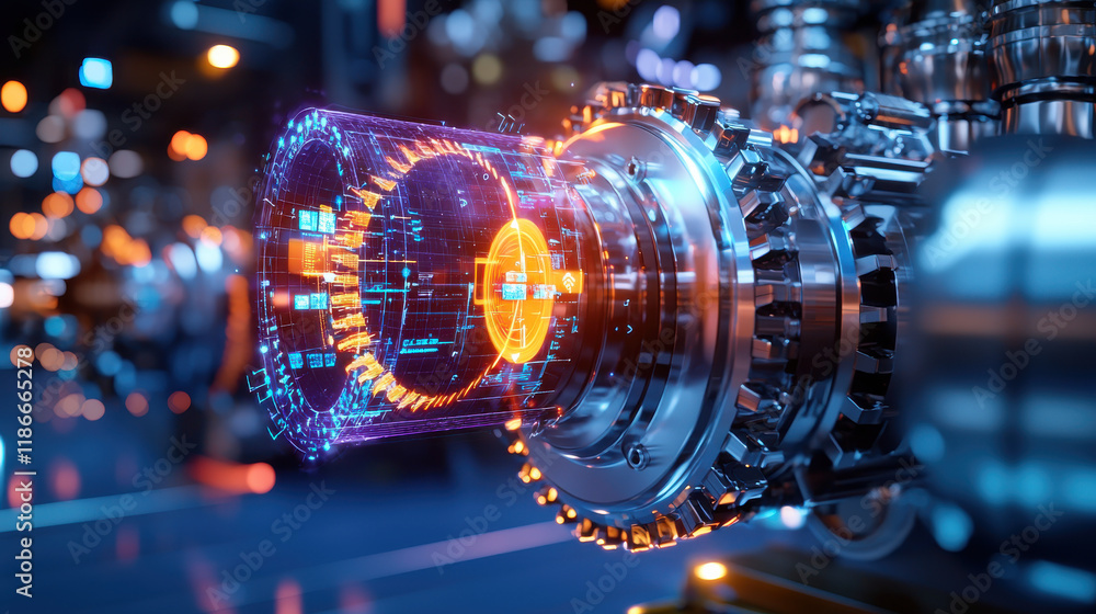 Aufkleber close up of turbine machinery featuring advanced technology and digital interfaces, showcasing intri