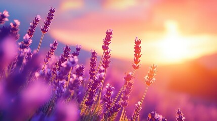 Naklejka premium A vibrant sunset casts warm hues over blooming lavender fields, creating a serene and picturesque scene.