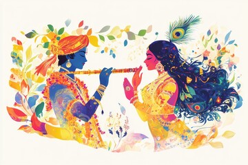 Obraz premium Krishna and Radha's Divine Love: A Vibrant Artistic Depiction