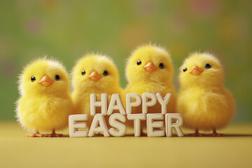Fototapeta premium Cute 3D type HAPPY EASTER with 4 fluffy yellow chicks behind, card design