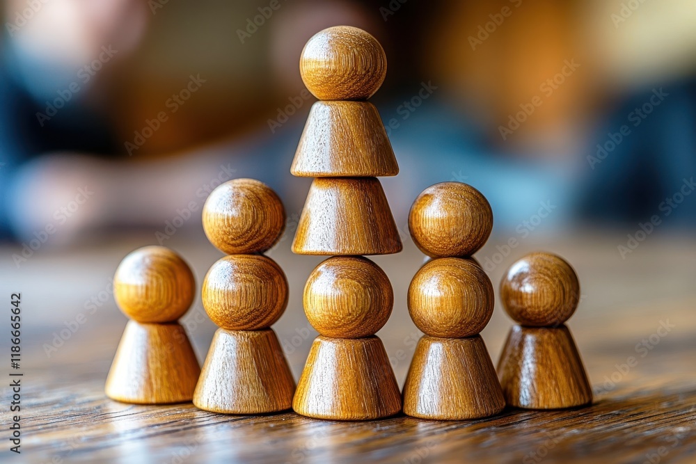 Poster wooden game pieces arranged in a pyramid formation on a rustic wooden table, symbolizing strategy an